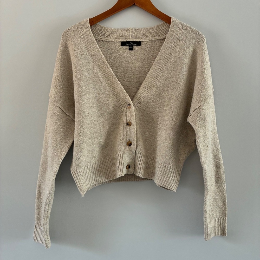 Love Tree Cardigan Womens S Oatmeal Beige V-Neck Cropped Button Front Soft Knit